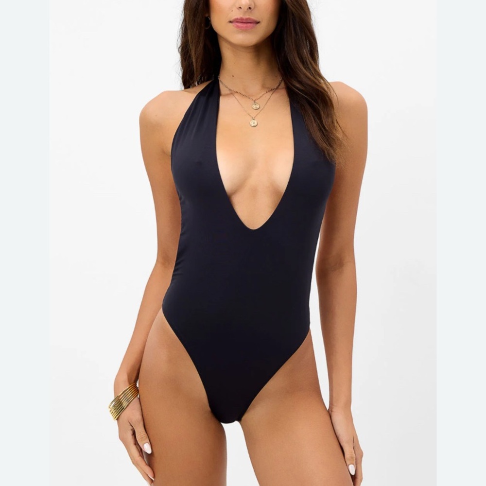 Frankie’s bikinis – One-piece Black "Paulina"  Halter Swimsuit Medium New